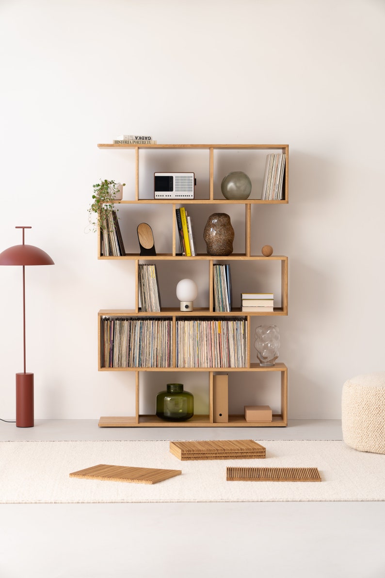 MOLL Boekenplank van massief eikenhout Veelzijdig en multifunctioneel, perfect voor vinylplaten, boeken en decoratie Moderne stijl uit het midden van de eeuw afbeelding 2