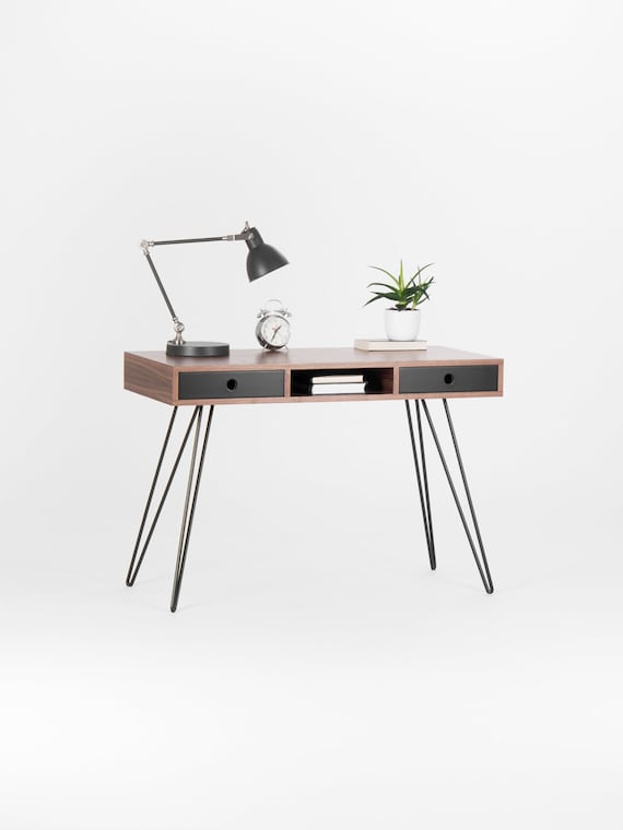 Mid Century Style Walnut Desk With Black Drawers and Hairpin Legs