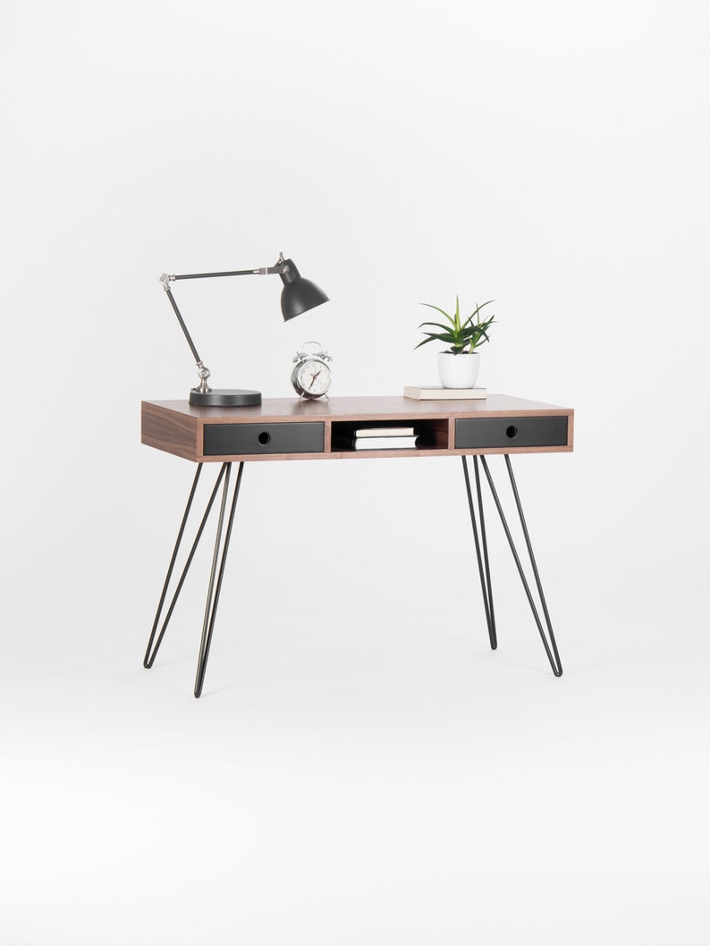 Mid Century Style Walnut Desk With Black Drawers and Hairpin Etsy
