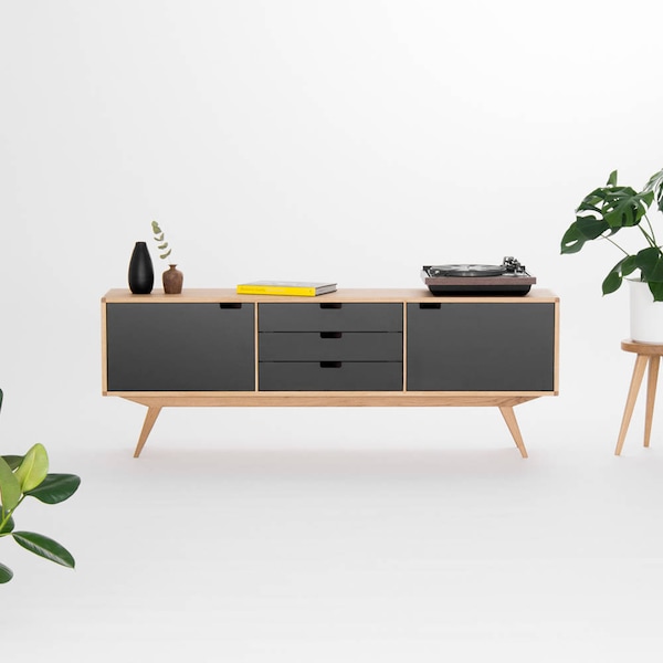 HEIM - Großes modernes Sideboard mit schwarzer Front - stylisches MCM Sideboard mit Schubladen
