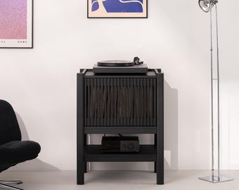 JAMM Q - Black Oak Record Player Stand | 68 cm (26.9") Turntable Cabinet, 80 LP Storage, Slatted Door, Matte Finish, Mimimalist Style