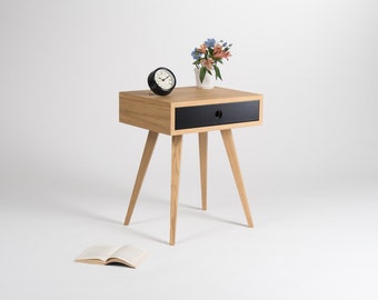 Mid century modern nightstand, bedside table, end table with black drawer, made of oak wood;