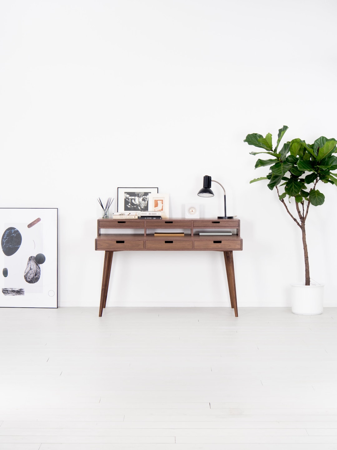 HEIM – Mid Century Modern Walnut Desk With Storage Shelf and Monitor ...