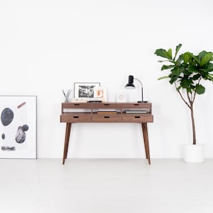 Mid century modern walnut desk with storage shelf and monitor stand