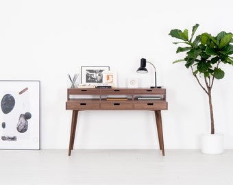 Mid century modern walnut desk with storage shelf and monitor stand