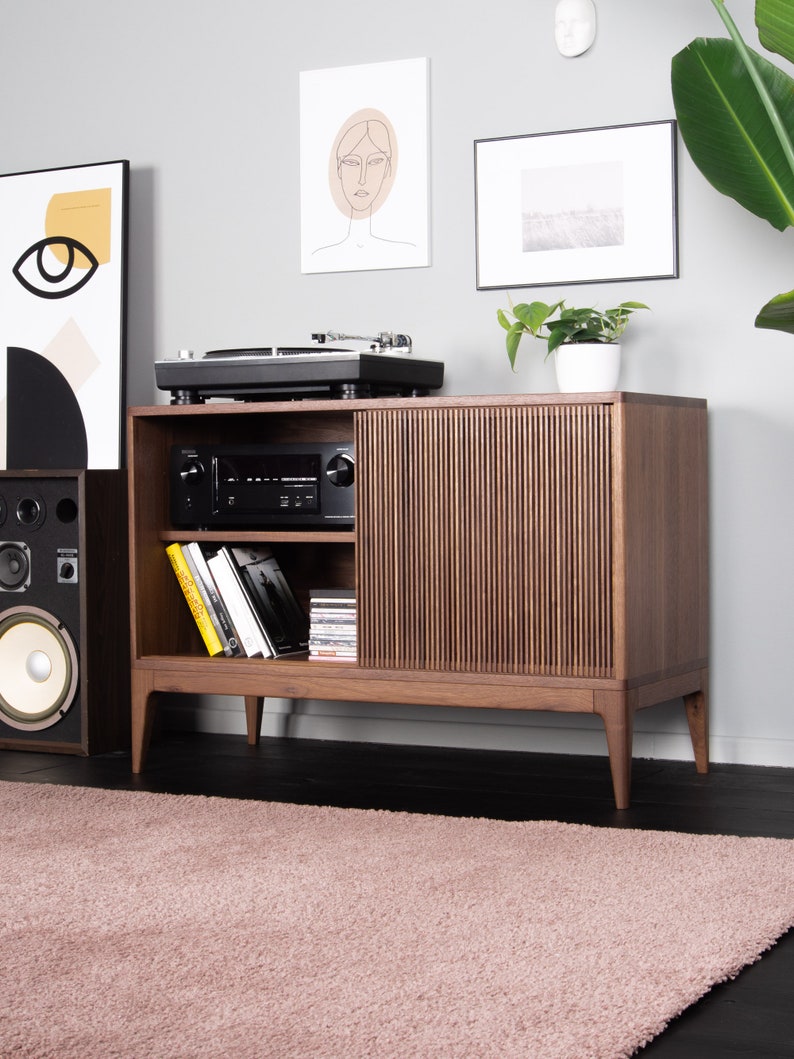 TONN Walnut record player stand, vinyl record storage with sliding doors; Limited-Time Offer: Free & Fast Shipping 