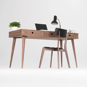 Wooden desk, mid century modern, walnut desk with three drawers image 3