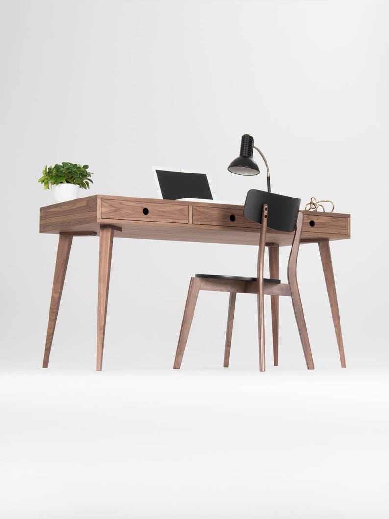 Wooden desk, mid century modern, walnut desk with three drawers image 3