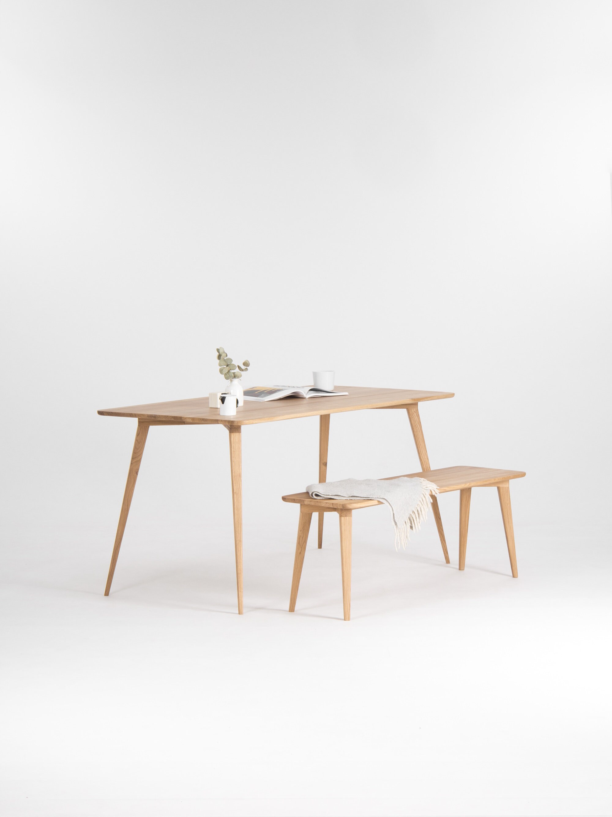 Solid Oak Dining Table and Bench Set – Mid Century Modern Scandinavian ...