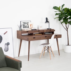 Mid century modern walnut desk with storage shelf and monitor stand image 2