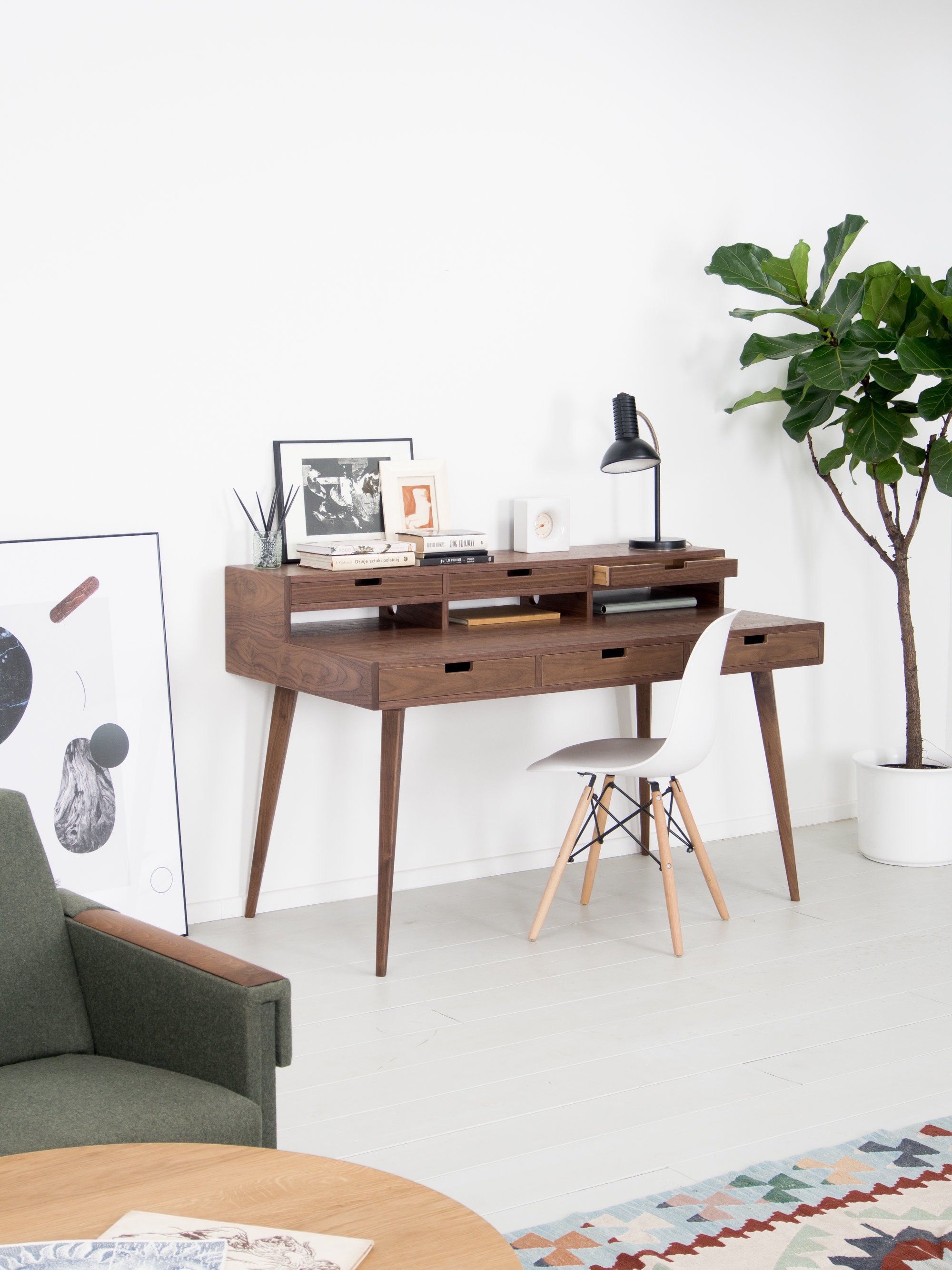 Home & Living Mid century modern walnut desk with storage shelf and monitor stand Furniture etna