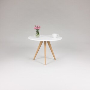 White round coffee table, with solid oak legs, scandinavian design image 2