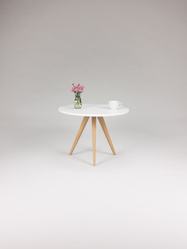 White round coffee table, with solid oak legs, scandinavian design image 2