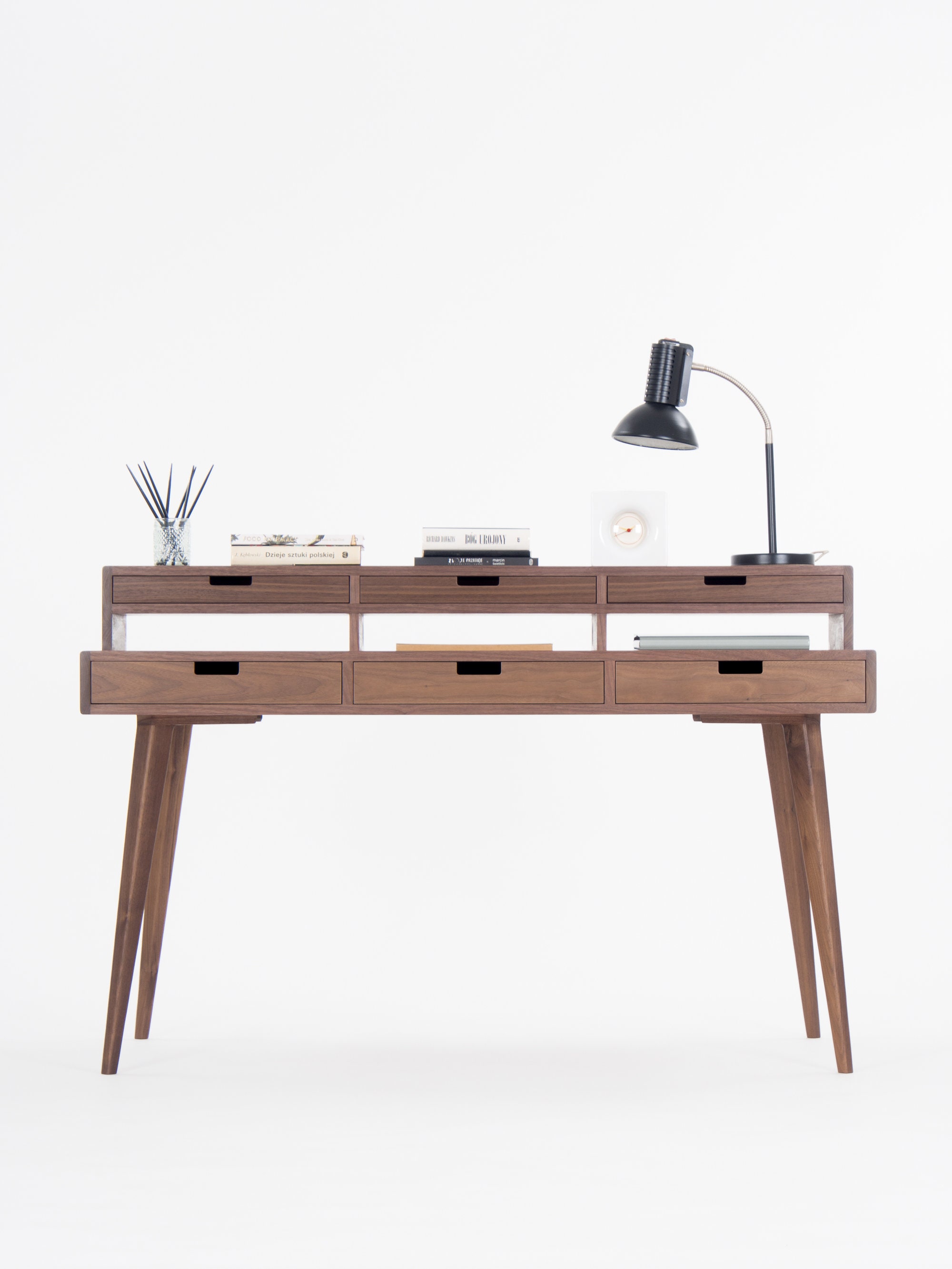 HEIM – Mid Century Modern Walnut Desk With Storage Shelf and Monitor ...
