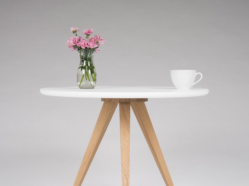 White round coffee table, with solid oak legs, scandinavian design image 3