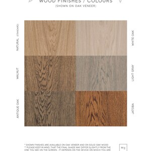 Puede incluir: Muestras de acabado de madera en chapa de roble, que muestran natural, nogal, roble antiguo, jatoba, gris claro y roble blanco.
