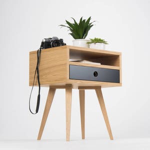 KUUB – Mid century nightstand, bedside table with one black drawer and open shelf, made of oak wood