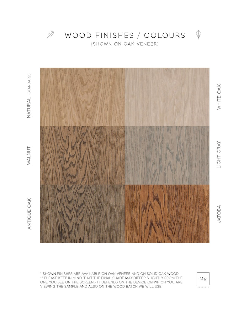 Puede incluir: Muestras de acabado de madera en chapa de roble, que muestran natural, nogal, roble antiguo, jatoba, gris claro y roble blanco.