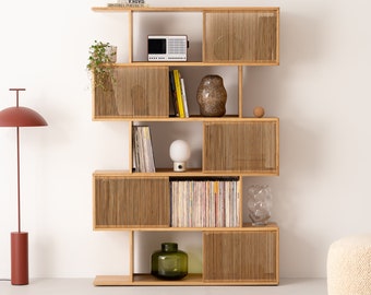 MOLL – Solid Oak Wood Bookshelf - Versatile and Multi-functional, Perfect for Vinyl Records, Books, and Decor - Mid-Century Modern Style