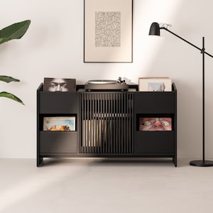 Meuble Vinyle Noir, Meuble Hifi – FUSE X en Chêne Massif Teinté – Design Moderne