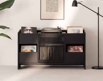 FUSE X – Stylish black record player stand with vinyl storage - retro turntable stand