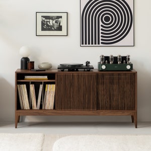 TONN 150 - Mid Century Modern walnut TV stand - Solid wood sideboard cabinet for large TVs with sliding fronts