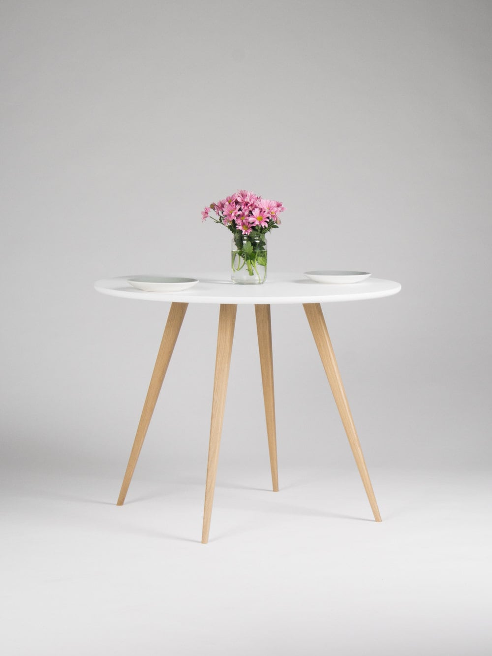 Table à Manger Ronde, Table Blanche de Cuisine, avec Pieds en Chêne Massif, Design Scandinave