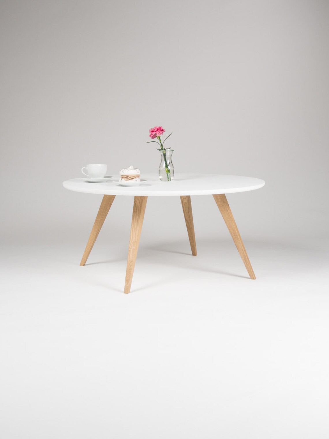 White Round Coffee Table With Solid Oak Legs Scandinavian Etsy UK