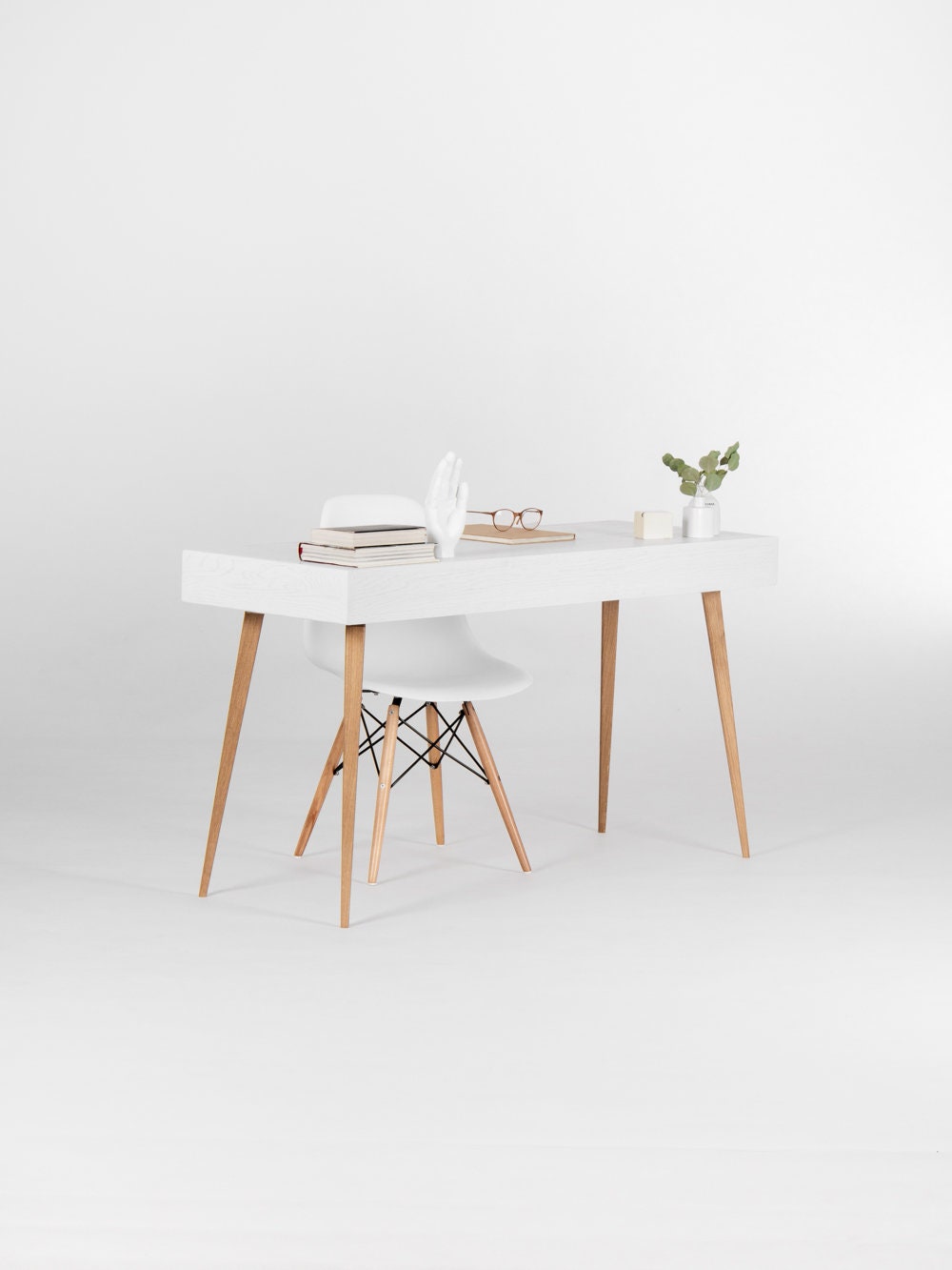 White Wooden Desk With Solid Oak Drawers Mid Century Modern Etsy UK