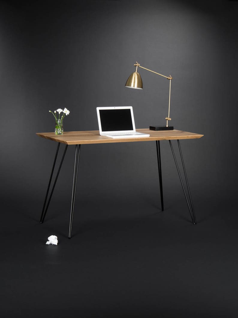 Solid wooden desk, modern table with metal hairpin legs image 1