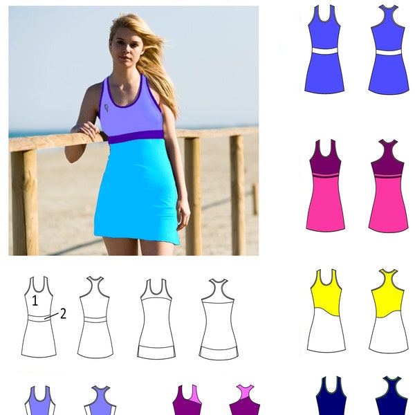 Einfaches Tenniskleid zum individuellen Gestalten mit 16 verfügbaren Modellen und 24 Farben, die Sie nach Ihren Wünschen kombinieren können