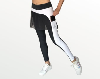 Legging femme avec jupe en tulle intégrée, poche pour téléphone portable pour le sport (tennis, course, fitness, temps libre)