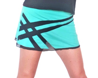 Tennis and running skirt with integrated shorts, various colors, black tulle inserts with hand-made cutout pattern