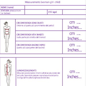 May include: A chart with a purple border and white text, showing a woman's body with measurements for bust, waist, hips, and length in inches and centimeters. The chart is titled "Measurements (woman-girl-child)".