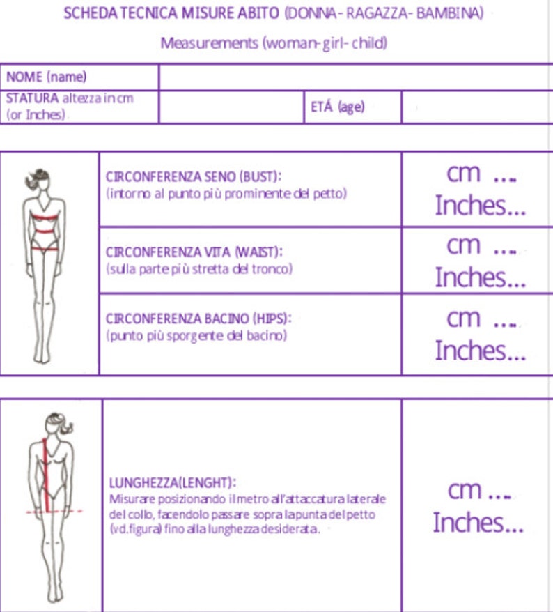 May include: A chart with a purple border and white text, showing a woman's body with measurements for bust, waist, hips, and length in inches and centimeters. The chart is titled "Measurements (woman-girl-child)".
