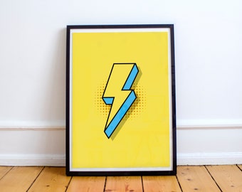 Pop art, super-herói, impressão de pôster em estilo cômico, flash, raio, arte retrô de parede
