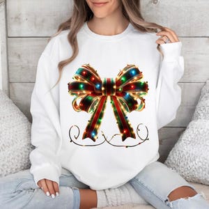 Christmas Light Coquette Bow Sweatshirt | Festive Holiday Top for Women | Cute Light-Up Sweatshirt | Holiday Party Fashion | Christmas Gift