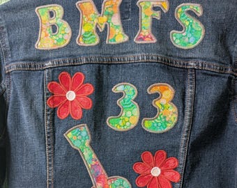 Billy Inspired Denim Jacket, BMFS Upcycled Jean Jacket, One-of-a-kind, Bluegrass Billy Fan, Red Daisy, 33, Guitar Strings, Size Medium (M)