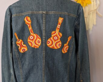 Bluegrass Gal Upcycled Jean Jacket, One-of-a-Kind Embellished Denim Jacket, Guitar, Banjo, Fiddle, Mandolin, Women's Size XL Stretch Denim