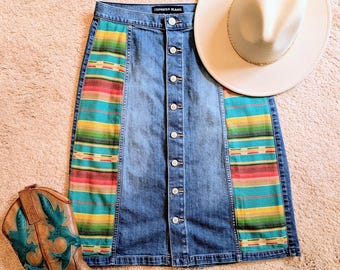 Southwest Colorful Button Up Denim Skirt, One-of-a-Kind Upcycled Boho Skirt, Express, Cowgirl Mountain Sunset, Women&#39;s Medium (Size 10)