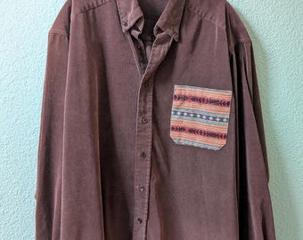 Upcycled Button Up Corduroy Shirt, Southwestern Pattern Fabric, High Quality, Statement Pocket, Long Sleeeve,One-of-a-kind, Men&#39;s Size Large