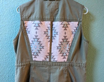 Upcycled Embellished Vest, Southwestern Pattern Fabric, Green Khaki Vest With Pockets, One-of-a-kind Vest, Women's Size Medium