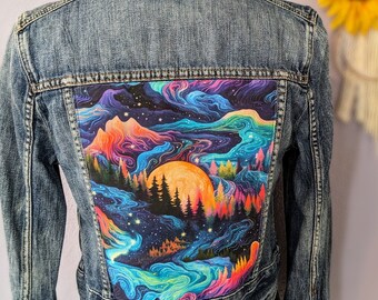 Mountain Upcycled Embellished Denim Jacket, Boho, Groovy, One-of-a-kind Jean Jacket, Women's Sizes Small (S) - Large (L) available!