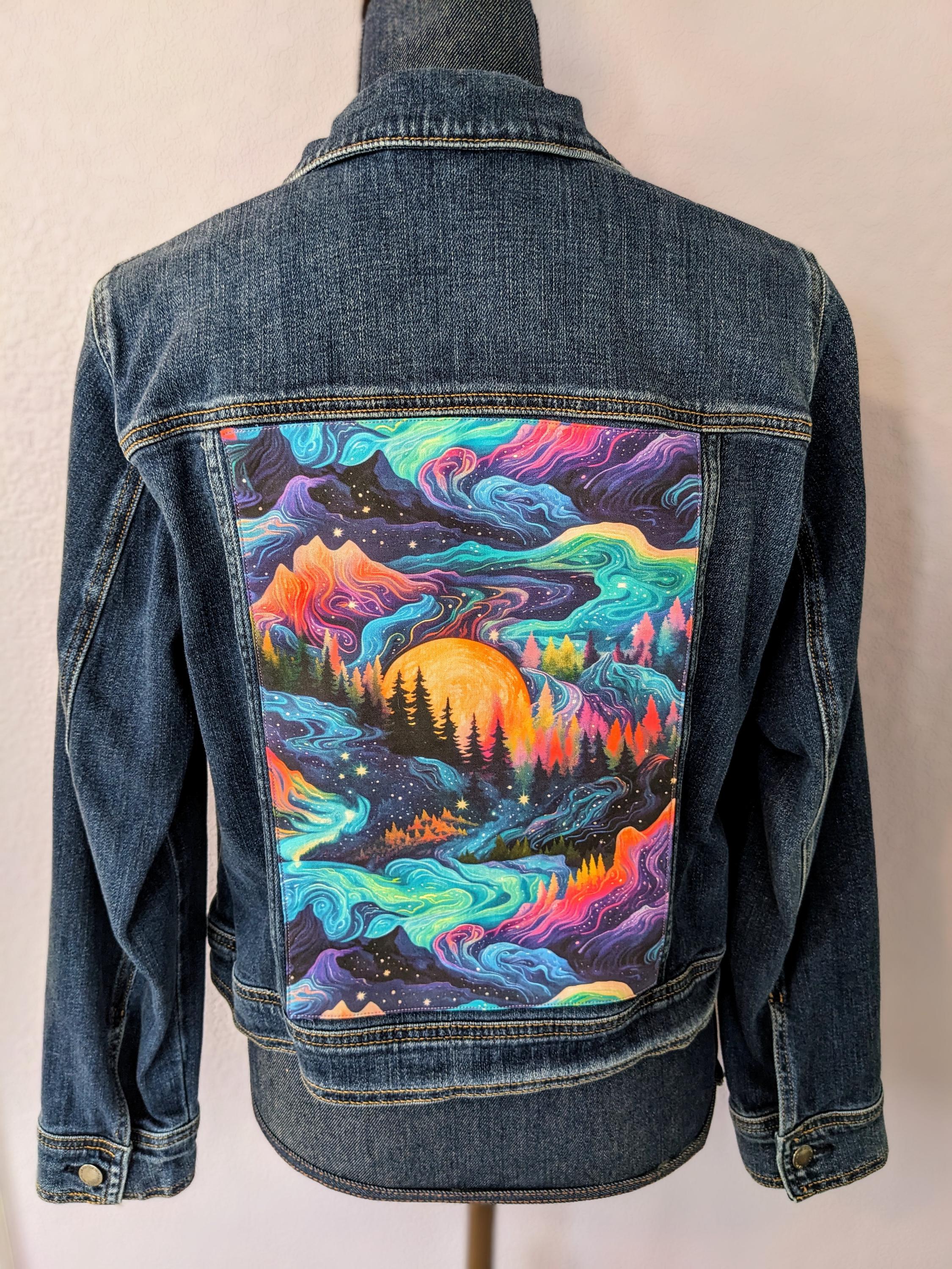 Mountain Upcycled Embellished Denim Jacket, Boho, Groovy, One-of-a-kind Jean Jacket, Women's Size XL and 3XL Currently Available