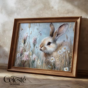 Bunny Rabbit Wall Art – Woodland Nursery Print, Cute Animal Artwork, Floral Rabbit Painting, Children&#39;s Bedroom Decor, Digital Download