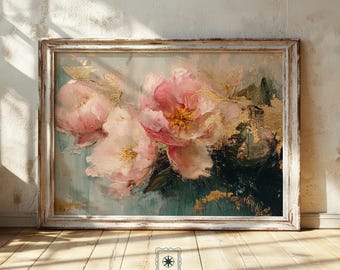 Abstract Floral Print | Wildflower Print | Cottagecore Farmhouse Wall Art | Gold Leaf & Peonies Floral Digital Download | Vintage Home Decor