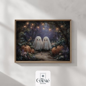 Pumpkin Patch Ghost Friends Print, Printable Vintage Halloween Wall Art, Dark Cottagecore Print, Rustic Farmhouse Art, Dark Academia Decor
