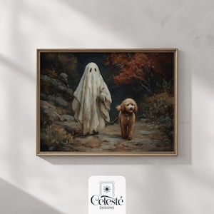 Printable ghost wall art, Halloween dog decor, whimsical spooky printable, cottagecore autumn wall art, rustic fall ghost print, vintage art