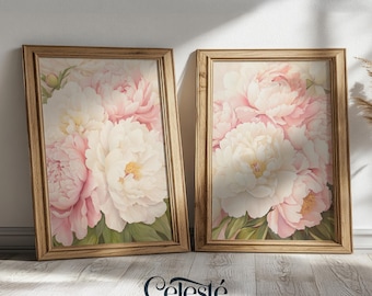 Peony Wall Art Set | Spring Decor | Pink Floral Prints Digital Download | Botanical Bedroom Decor | Blush Cream Flower Art | Set of 2