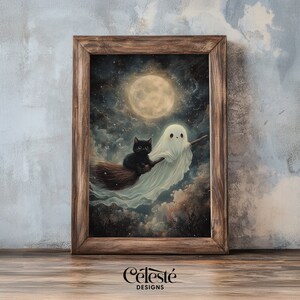Impresión de un lindo gato negro con fantasma, arte de pared vintage imprimible de Halloween, impresión cottagecore oscura, arte rústico de granja, decoración de Dark Academia
